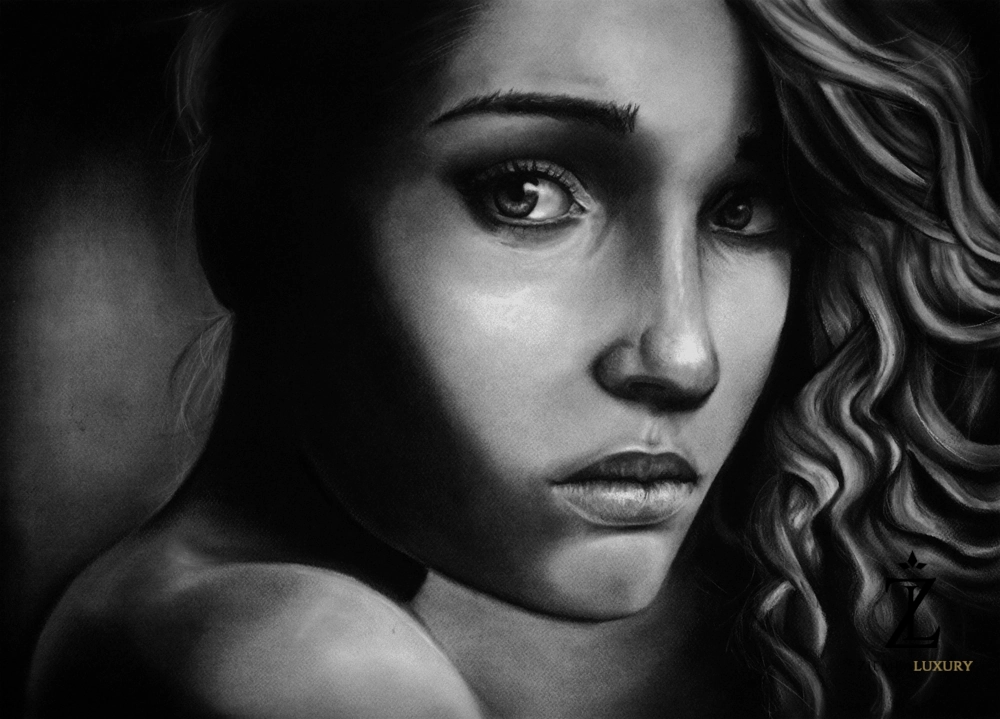 black pastel portrait drawing from a photo
