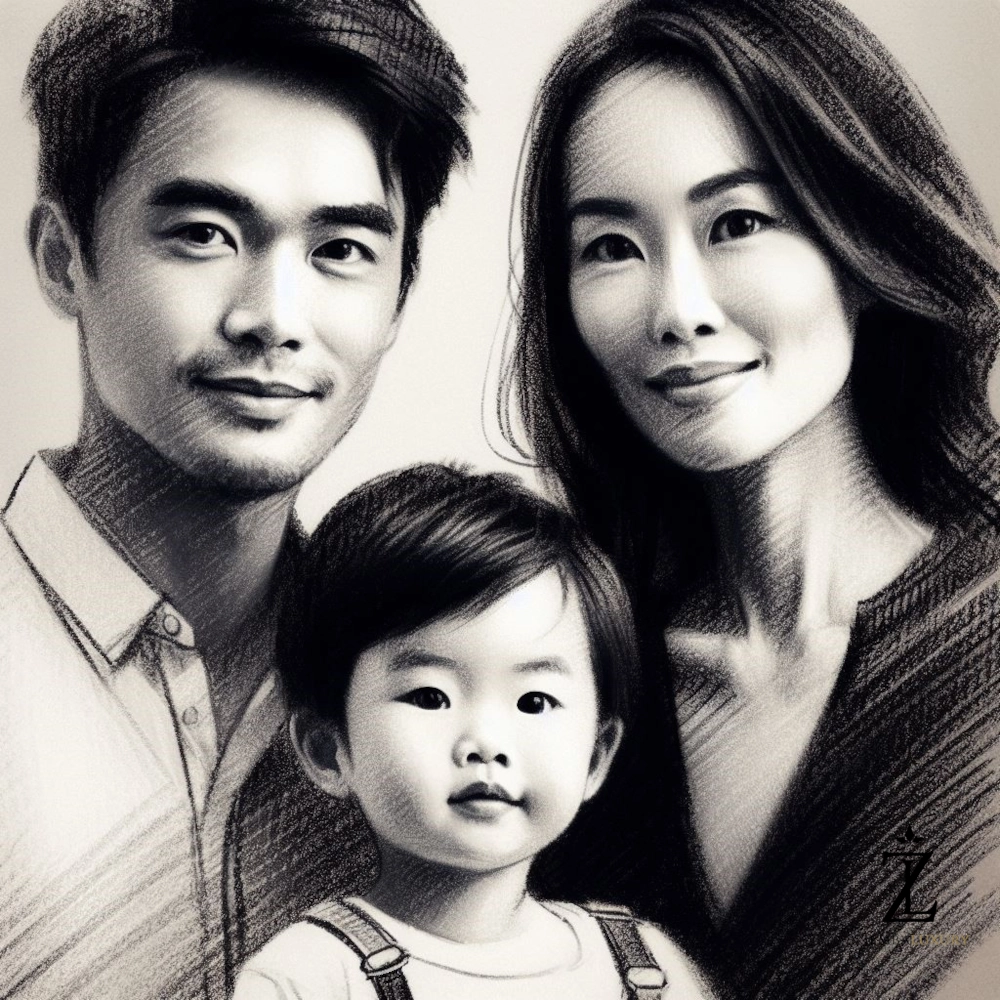 custom black pastel family portrait drawing from a photo