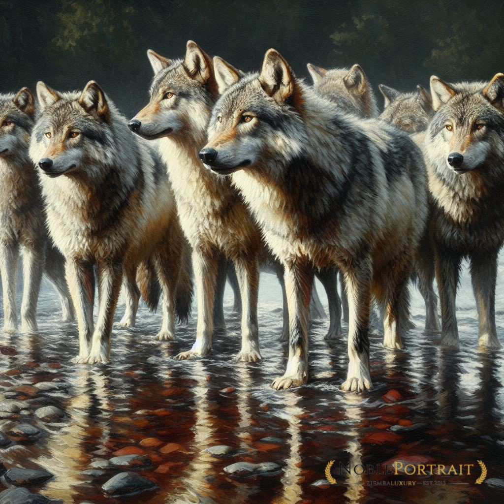 custom oil animal portrait of a pack of wolves